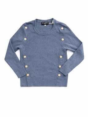 Karl Lagerfeld Paris Blue Knit Sweater Gold Button Chic Designer Size L